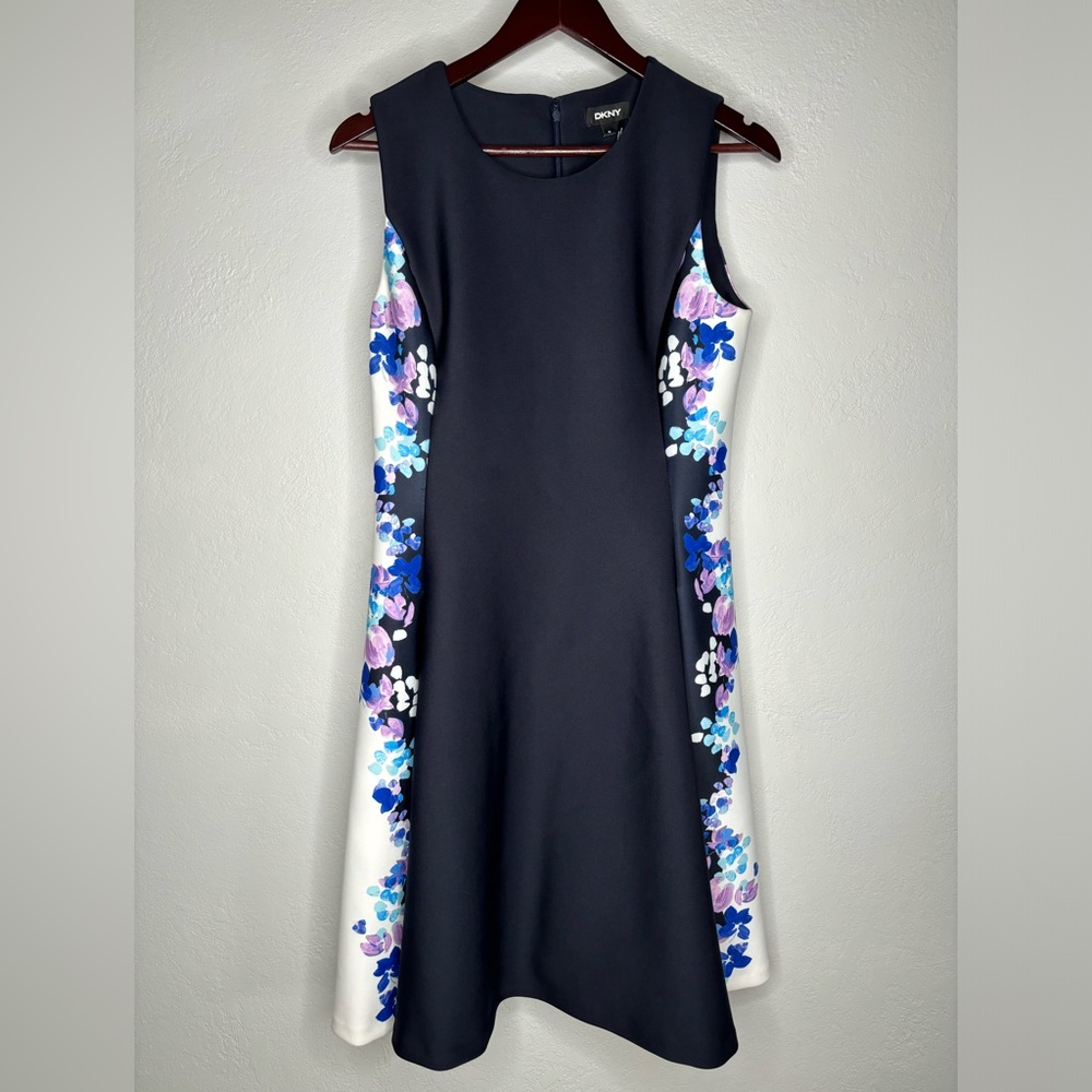 DKNY Floral Purple, White, and Blue Dress with Pockets - Size 10